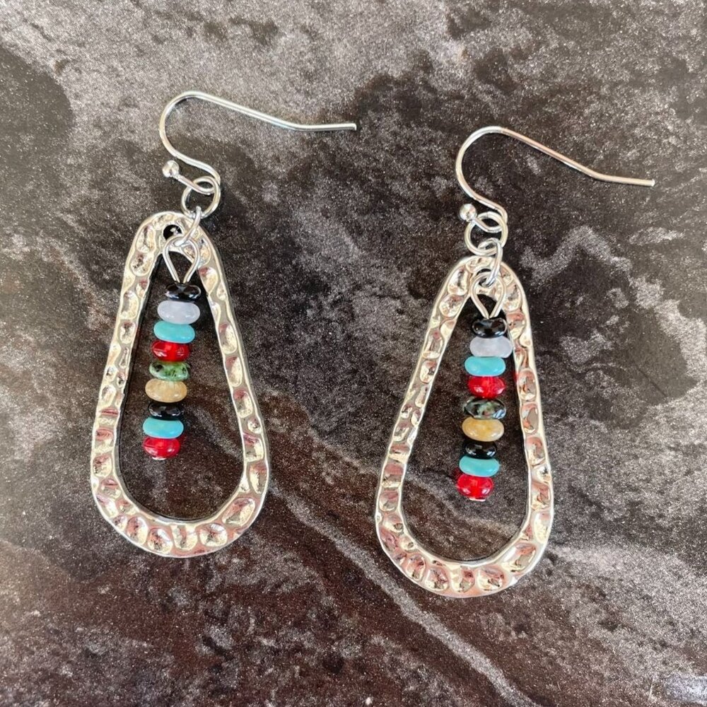 Silvertone Hammered Teardrop Earrings With Multicolor Synthetic Gem Beads 2" L
